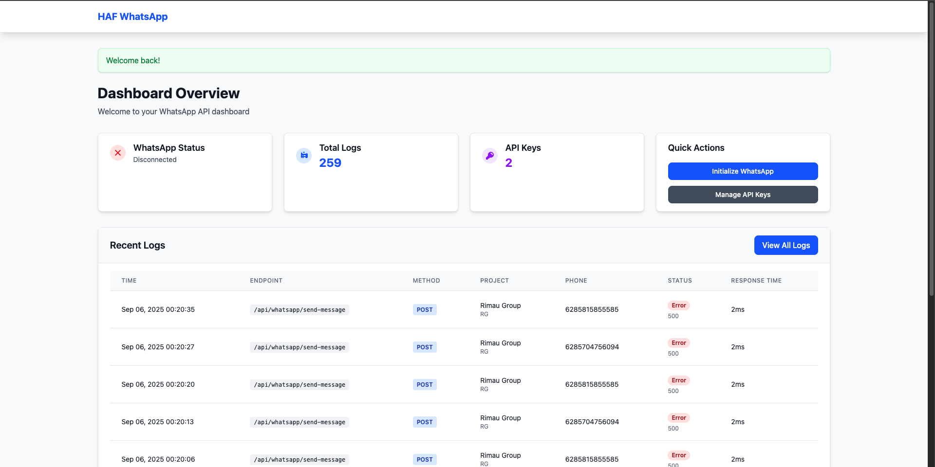 HAF WhatsApp Dashboard