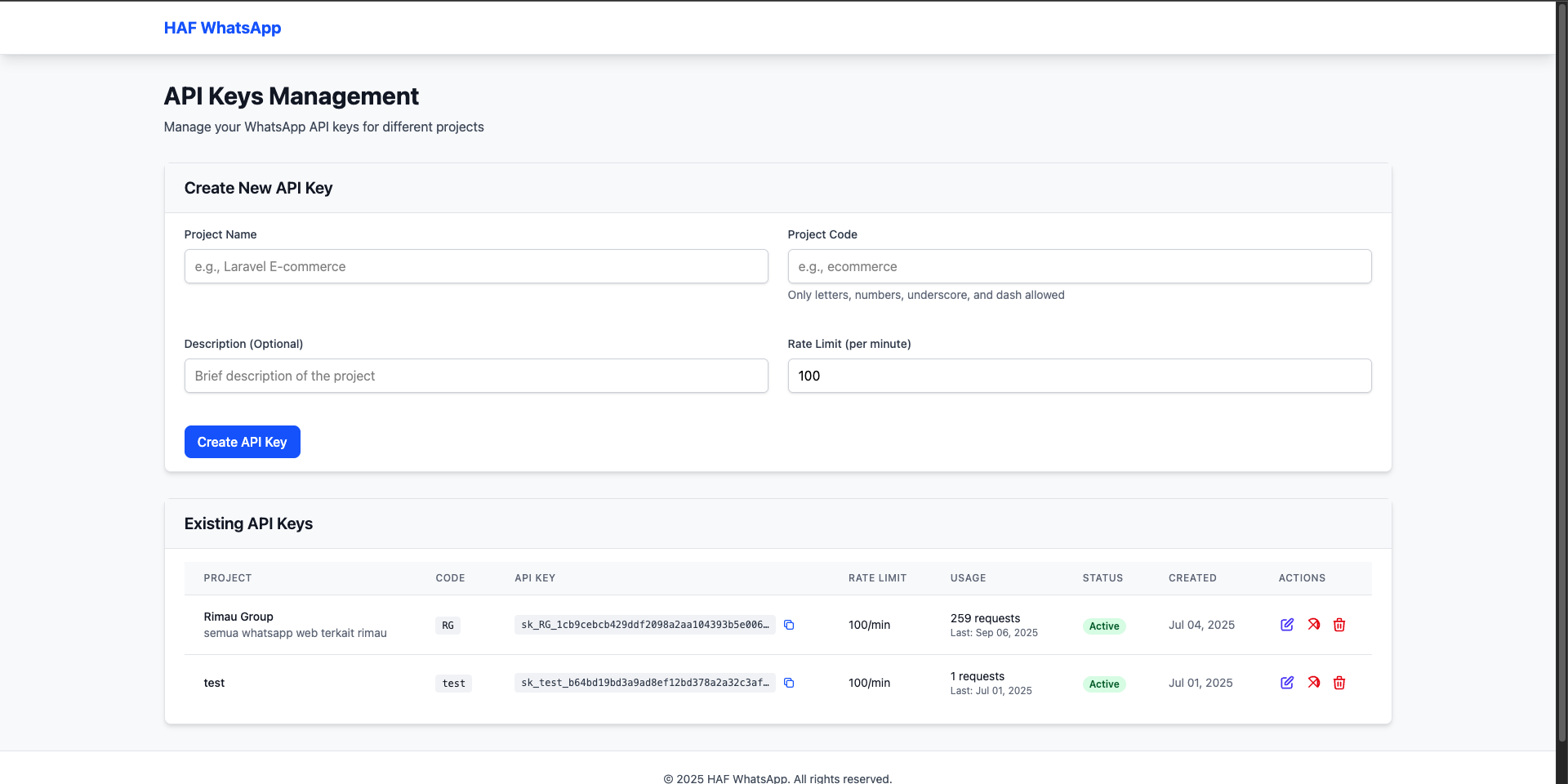 HAF WhatsApp API Key Management