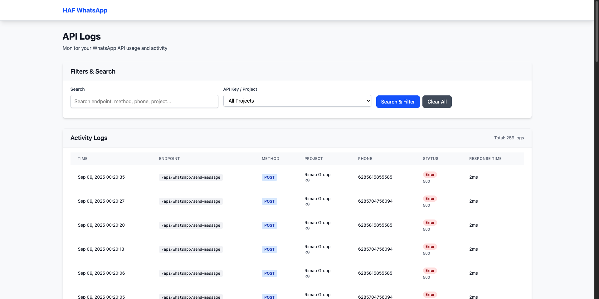 HAF WhatsApp API Logs